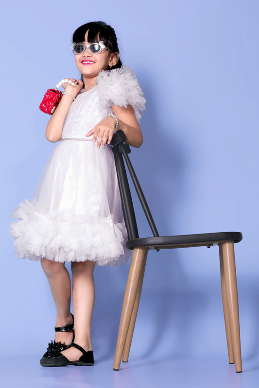 Bablyz White Net Diamond Belt Kids Frock Dress