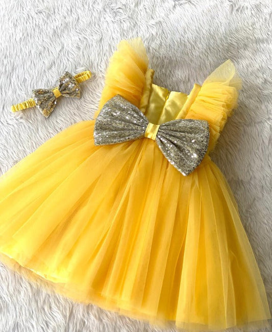 Cutedoll Yellow Color Net Partywear Baby Kids Frock