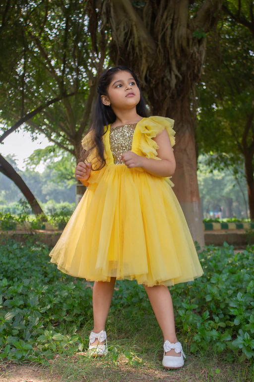 Cutedoll Yellow Color Net Partywear Kids Girl Dress